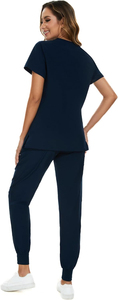 Ensemble d'uniformes médicaux classiques : Blouse à manches courtes et pantalon à cordon, confortable et respirant en tissu tricoté pour hôpital et clinique - Product Image 2