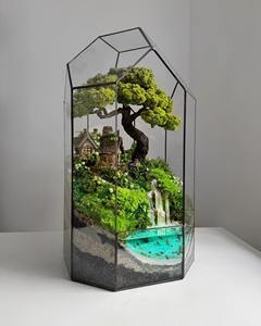 Tall Glass Terrarium With Cottage Landscape Waterfall And Bonsai Style <b>Tree</b> Indoor Table Decor For Home Office And Gifting - Product Image 4