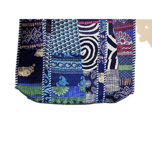 Custom Design Patchwork Quilted Silk Tote Bag Large Floral Pattern Women's Beach Shoulder Handbag blue color silk Bag - Product Image 6