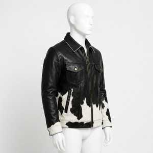 Veste de motard en cuir véritable pour homme, motif vachette, col rabattu, fermeture éclair, coupe classique, automne, décontractée - Product Image 3