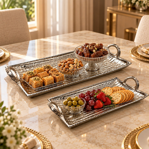 Ensemble de plateaux de service texturés en argent, en acier inoxydable, rectangulaires |   Ensemble de matériel de service pour buffet d'hôtel avec poignées martelées - Product Image 2