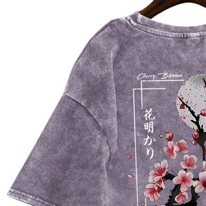 Camiseta Gráfica de Algodón 100% Lavado Estilo Vintage de Corte Regular, Manga Corta, Cuello Redondo, Estampado de Flor de Cerezo, Estilo Urbano Casual - Product Image 4