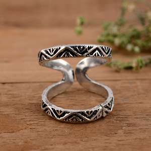 Handmade 925 Sterling <b>Silver</b> Geometric Swan Neck Splint <b>Ring</b> Oxidized Tribal Triangle Design <b>Adjustable</b> Joint Support - Product Image 4