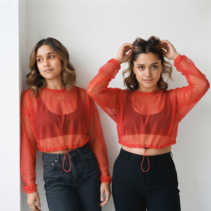 <b>Sheer</b> Red Mesh Crop <b>Tops</b> Women O-Neck <b>Long</b> <b>Sleeve</b> Casual Transparent Blouse Breathable Lightweight See Through <b>Tops</b> - Product Image 3