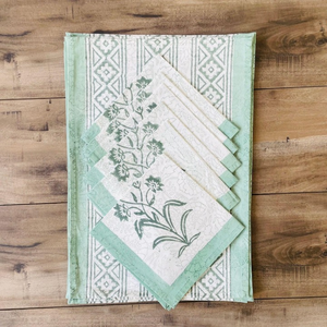 Hand Block Printed Cotton Placemats and Napkins <b>Set</b> Green Floral Table <b>Linens</b> - Product Image 1