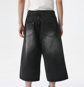 Men's Black Washed Denim Bermuda Shorts Mid Waist <b>Button</b> <b>Fly</b> Casual Style Solid Color Cotton Fabric Breathable Woven Material - Product Image 4