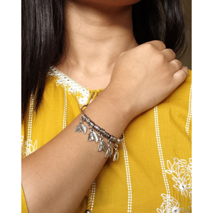 Oxidized Silver <b>Boho</b> Bangle with Leaf Charms - Ethnic Tribal Style Jewelry - Adjustable Women's Statement <b>Bracelet</b> - Product Image 4