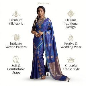 Sari bleu en satin pur tissé à la main avec bordure en zari doré |   Sari ethnique de créateur pour femmes, idéal pour les fêtes de mariage traditionnelles - Product Image 5