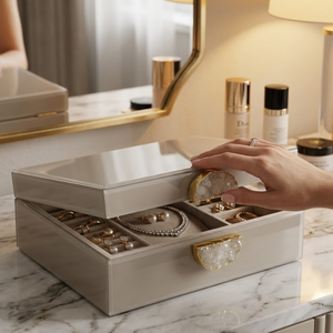 Luxury Beige Decorative Box Set with Crystal Stone <b>Knob</b> Elegant Storage Organizer for Modern Home Decor and Tabletop Styling - Product Image 2