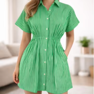 Vestido Camisero Corto de Lino/Algodón Ecológico para Mujer, Estampado a Rayas, Corte en A, Manga Corta, Cuello con Muescas, Botones y Cintura Elástica - Product Image 1