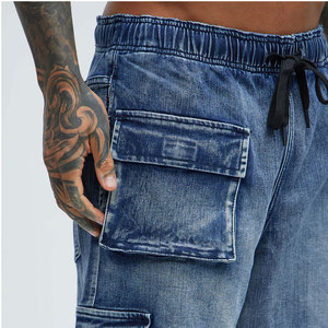 Pantalones cortos de mezclilla para hombre Lupin: Fabricante de mezclilla, cintura doble personalizada, rodillas con diamantes y pedrería, estilo cargo holgado. - Product Image 6