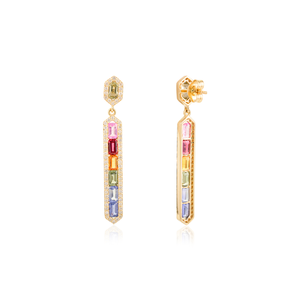 14K Gold Multi Sapphire Channel Set Bar Drop Earrings - Product Image 4