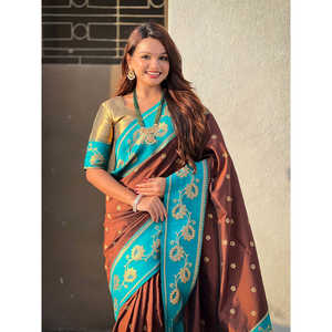 Elite Weaves Coffee Brown Soft Silk Lotus Paithani Saree <b>Traditional</b> Indian <b>Scarf</b> & <b>Shawl</b> 650g - Product Image 5