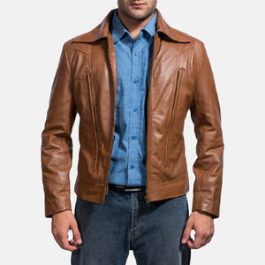 Men's Genuine Leather Jacket Turn-down Collar <b>Covered</b> <b>Button</b> Solid Color Autumn Wear Casual Style Regular Fit Customized Front - Product Image 6