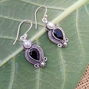 Boucles d'oreilles en perles d'onyx noir, en argent Sterling 925, bijoux faits à la main, élégants, cadeau pour femmes, fête, mariage, mode - Product Image 6