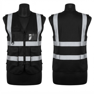 Premium Quality Black Hi Visibility <b>Work</b> Vest 220 GSM Durable Polyester Fabric Silver Reflective Tape Multi Pocket <b>Cargo</b> Design - Product Image 1