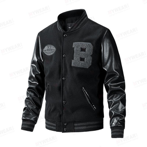 Veste varsity noire pour homme, manches en cuir PU, col rabattu, fermeture éclair sur le devant, vêtement décontracté pour l'automne - Product Image 5