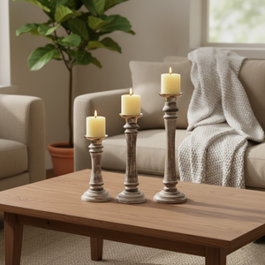 Ensemble de porte-bougies décoratifs en bois faits à la main, 6-10 pouces |   Piliers rustiques en bois naturel pour mariage, décoration intérieure et événements - Product Image 1