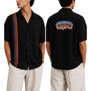 San Antonio Spurs Black Short Sleeve Button-Up <b>Shirt</b> With Colorful Stripes with Turn Down Collar Loose Fit Cotton Casual Wear - Product Image 3