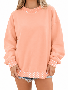 Ladies Mockneck <b>Sweat</b> <b>Top</b> Polka Dot Neck Trim Polka Dot Bottom Band Relaxed Long Sleeve Fit Modern Casual Apparel - Product Image 2