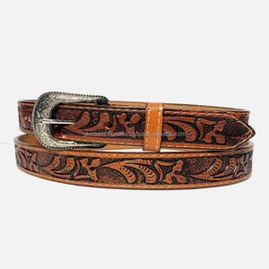 Many Designs and Custom Sizes Hand Carved Floral Embossed Unisex Western <b>Leather</b> <b>Tooling</b> Belt with Cowboy Buckle Set - Product Image 2