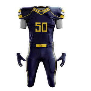 Ensemble de maillot de football américain personnalisé PLAYER'S POINT unisexe, numéro 50, bleu marine et jaune, sublimé, avec pantalon d'uniforme ajusté anti-humidité - Product Image 1