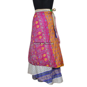 Faldas de Playa de 2 Capas para Mujer, Estilo Vintage, Sari de Seda, Falda Larga Cruzada, Sari Reversible de 2 Capas, Estilo Bohemio Mágico - Product Image 5