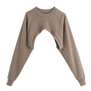 Women's High Street Cropped Sweatshirts Fashion O-neck Solid Pullover Ladies Chic Log Sleeve Blouses Cotton Crop Tops Shirts - Product Image 1