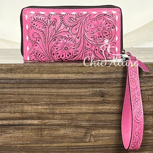 2026 Unique Design Hot Sale Hand Tooled Leather Clutch With <b>Wristlet</b> Genuine Cowhide Leather Women's Zipper Closer Wallet Purse - Product Image 1