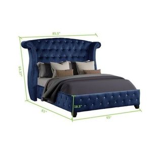 Letto matrimoniale moderno in velluto blu con trapuntatura a cristallo e struttura in legno, mobili imbottiti contemporanei - Product Image 6