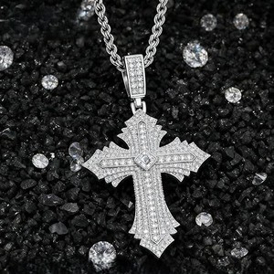 Collier pendentif croix serti de diamants, forme ronde brillante, plaqué or blanc, style hip-hop - Product Image 4