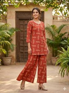 Meilleure collection de tenues ethniques coordonnées en coton extensible avec imprimé bloc, comprenant kurta courte et pantalon, pour femme, exportateur de mode, fournisseur indien - Product Image 6