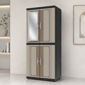 Armoire de rangement portable en plastique Naiba, 4 étagères, design bois gris, portes à panneaux plats avec miroir pour un rangement gain de place - Product Image 1