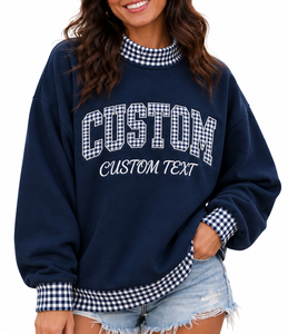 Sudadera de cuello alto para mujer al por mayor, personalizada, con apliques de letras, a cuadros, con bloques de color, estilo oversize vintage - Product Image 5