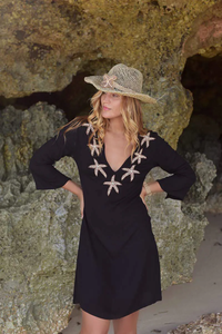 2024 Classic Collection Sexy Black Rayon Long Sleeve Deep V Neck Tunic <b>Tops</b> Women Hand Beaded Work Printed Beach Cover Party - Product Image 6