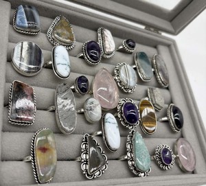 Brass <b>Silver</b> Plated Mixed Assorted Gemstone <b>Ring</b> with Bezel Setting Natural Stones <b>Adjustable</b> Bulk Jewelry Supplier - Product Image 3
