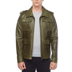 Veste en cuir vert olive pour homme, col rabattu, fermeture éclair, poches avant, style décontracté, vêtements d'automne - Product Image 4