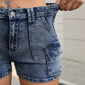 Shorts en jean pour femmes, taille haute, coupe slim, extensibles, effet usé, décontractés, pour l'été, avec impression de logo personnalisée, vente en gros - Product Image 5