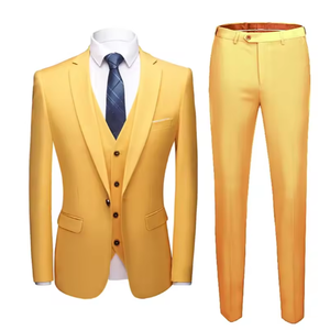 Ensemble de costume jaune ajusté pour homme, tenue de cérémonie trois pièces (gilet, veste, pantalon), couleur unie, anti-plis, en polyester - Product Image 1