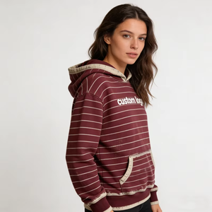Women's Washed Striped Pullover Hoodies Custom Personalized Contrast Trim Distressed Detail Casual Vintage Hoodies - Product Image 2