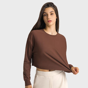 Brown Long Sleeve <b>Crop</b> <b>Top</b> O-Neck Knitted Solid Color Casual Women's Shirt - Product Image 1