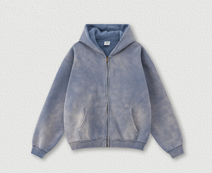 Custom 360gsm Heavyweight Cotton Zip-Up Puff Printed Vintage Sun Faded Acid Wash Waffle Leopard Print Fleece Long Hoodie Men - Product Image 5