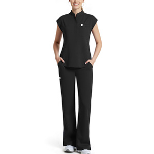 Women Custom <b>Scrub</b> <b>Set</b> Black Sleeveless Top With Pants Medical Uniform Hospital Workwear Cotton Polyester Woven Fabric - Product Image 1