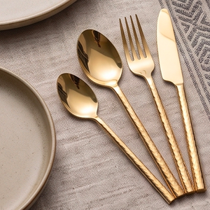 Stainless Steel Gold PVD Coated Flatware Set Of 4 Cutlery Spoon Fork Knife Hammered Handle Perfect Wedding Rental Cutlery - Product Image 5