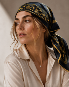 Black Gold Geometric Silk Scarf Oversized Shawl Wrap Headwrap Fringe Border Fashion Accessory for Women - Product Image 3