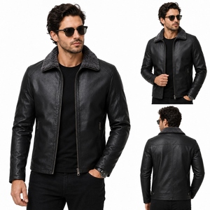<b>Men's</b> Premium Black Genuine Leather <b>Jacket</b> with <b>Shearling</b> Collar Custom Winter Casual Zip-Up Leather Coat - Product Image 5