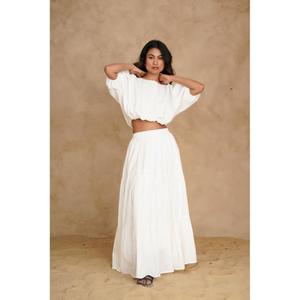 Conjunto de Dos Piezas Estilo Bohemio Blanco, Top Corto con Mangas Abullonadas y Falda Larga en Línea A, Cintura Natural, Color Sólido, Vestido de Verano para Mujer - Product Image 2