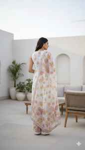 Conjunto de Kurta Larga Sólida Color Granate para Mujer con Pantalón y Dupatta de Lona y Chifón, Traje Étnico Festivo Elegante de 3 Piezas, Estilo Indio Pakistaní - Product Image 2