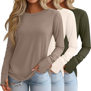 3 Pack Women's Long Sleeve Shirts with Thumb Holes, Cotton Casual Crew Neck Tunic <b>Tops</b> Fall Loose <b>Y2k</b> Trendy Outfits - Product Image 3