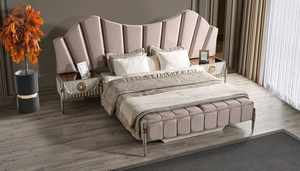 Ensemble de chambre à coucher moderne de luxe en teck massif, style Art Déco, lit king size capitonné à festons avec armoire et coiffeuse - Product Image 5